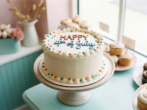 Patriotic fourth of july cake on stand in bakery
