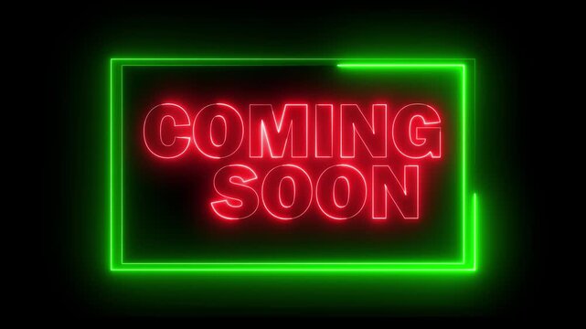 Neon COMING SOON text icon animation glowing red and green color business poster template signboard alphabet font letter word banner sign seamless light effect footage on black background