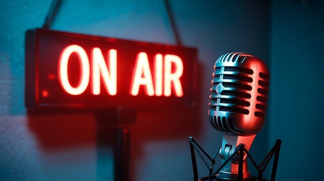 On air broadcast concept with microphone and illuminated radio studio sign