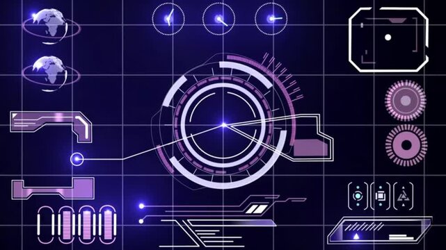 A futuristic, cyberpunk-inspired Heads-Up Display (HUD) visualization. Against a dark blue grid background, purple digital interface elements brighten up the screen through dynamic animations.
