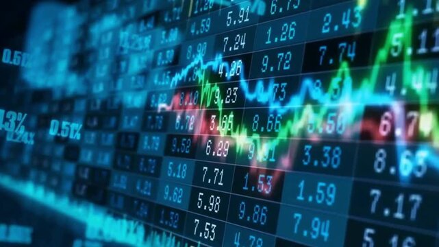 A digital stock exchange ticker board featuring dynamically moving numeric figures, profit loss percentages, and trend charts. 