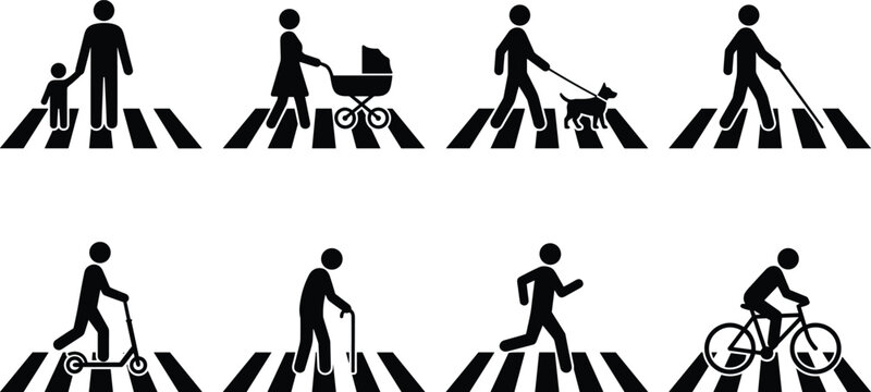 Pedestrian zebra crosswalk and road safety stick figure vector icon set with citizens crossing street isolated on white background