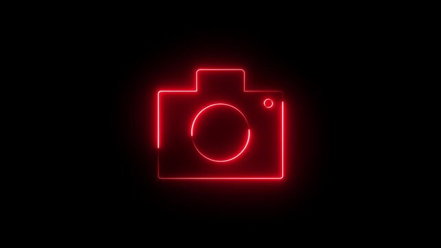 Neon camera icon animation glowing red color photo camera capture camcorder digital camera frame sign symbol on black background