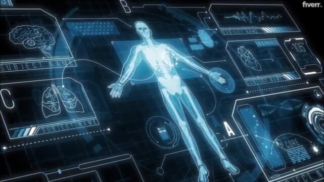 dynamic digital data visualizations, ranging from medical human anatomy scans, cryptocurrency diagrams (Bitcoin), automotive blueprints, percentage circle data presentation charts.