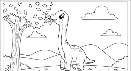 Charming dinosaur eating leaves coloring page for kids educational activity printable line art illustration © ABU