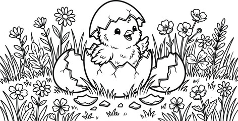 Fototapeta premium Baby chick hatching from egg coloring page with flowers grass and springtime details