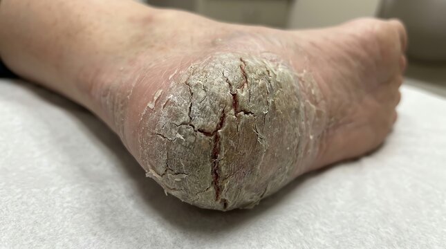 Cracked and Dry Heel Skin with Flaking and Calluses.