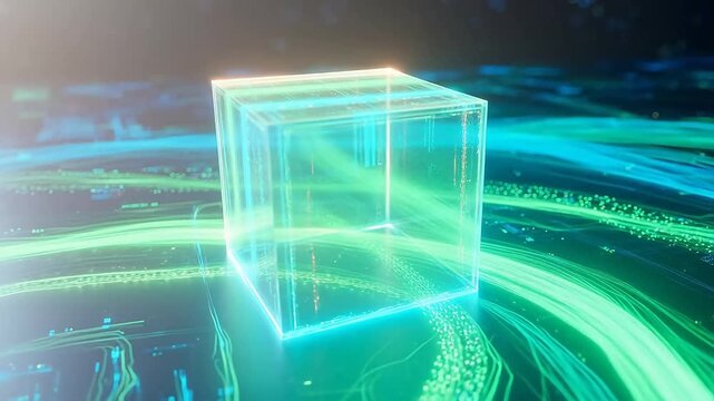 Digital Transparent Cube with AI Data Stream and Animated Flow Animation