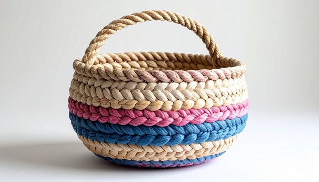 Round rope basket with braided beige, pink, and blue stripes, symbolizing decorative craftsmanship, woven design, and functional artistry.