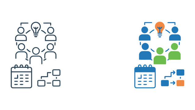 Team scheduling and project planning icon with collaborative lightbulb and workflow chart as a professional business vector graphic design element for time management and corporate organizational