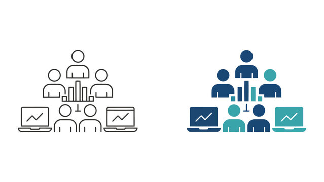 Data analysis team collaboration icon with people and bar chart graphs on laptop screens as vector graphic for business intelligence and data driven decision making in corporate environment settings