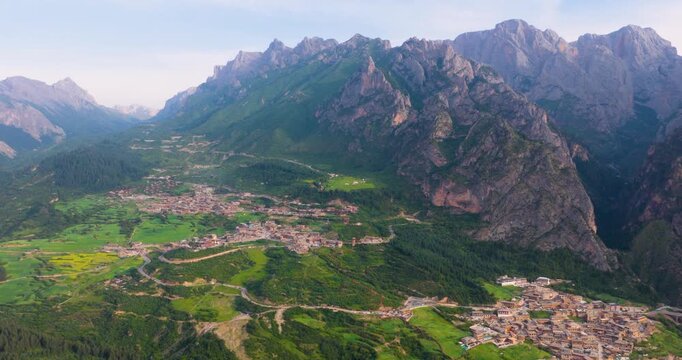 Aerial view of Tibetan village in Zhagana, Gannan, Gansu, natural scenery in mountain valley