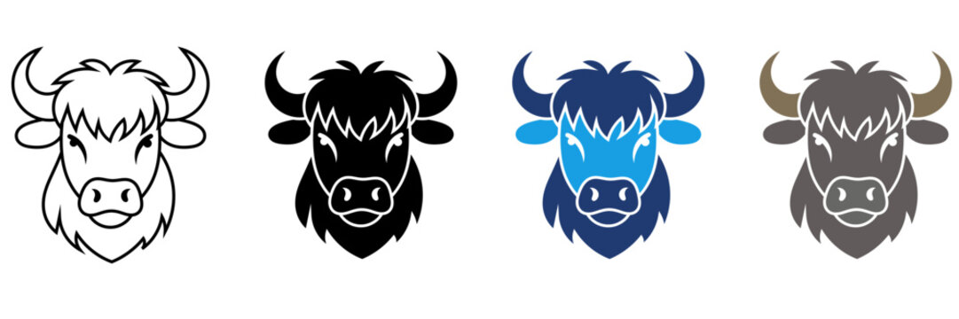 Yak and Buffalo head icon collections. Containing Outline, Silhouette, Blue, and Fluffy Brown styles.