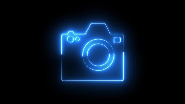 Neon camera icon animation glowing blue color photo camera capture camcorder digital camera frame sign symbol on black background