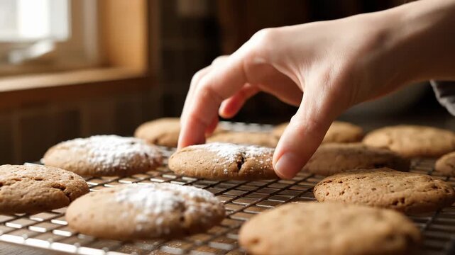 Freshly Baked Cookies Cooling on Wire Rack With Powdered Sugar Dusting