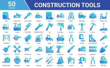 Construction Tools icon set collection featuring heavy equipment, repair tools, safety gear, woodworking and building elements for industrial, engineering and contractor projects. © Arjuna