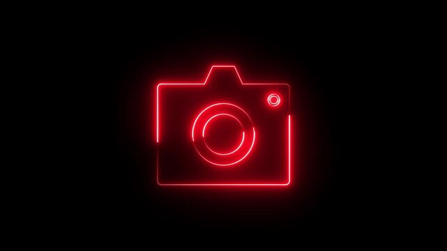 Neon camera icon animation glowing red color photo camera capture camcorder digital camera frame sign symbol on black background