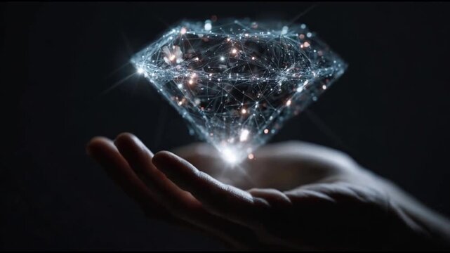 A hand gently holds a luminous, digitally enhanced diamond, symbolizing innovation and precious value in a dark, abstract setting. ..Created with Generative AI, not depicting real subjects.