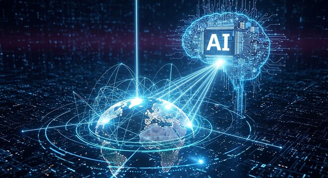 Artificial intelligence brain integrated with a circuit board connected to a glowing globe on a dark digital background, for global tech concepts
