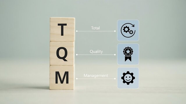 A stack of three wooden blocks with letters T, Q, M on a table with icons representing total quality management.