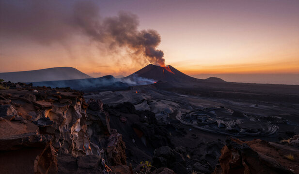 Volcano erupts, smoke billows, glowing lava flows. Sunset paints sky in warm orange and purple hues. Rugged terrain, darkened rocks, barren landscape. Dramatic, powerful, awe-inspiring natural force