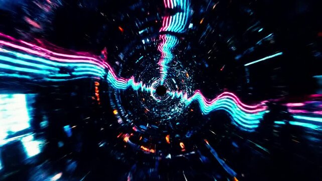 Infinite tunnel made of glitch noise, flowing scanlines, RGB chromatic shifts, digital signal breakdown, cyberpunk visual effects, hypnotic looping animation, ultra detailed, 4K cinematic.