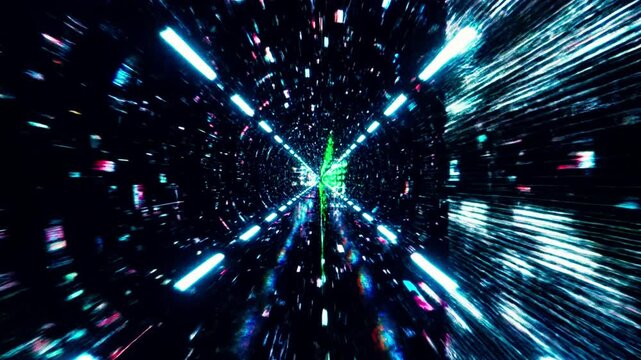 Infinite tunnel made of glitch noise, flowing scanlines, RGB chromatic shifts, digital signal breakdown, cyberpunk visual effects, hypnotic looping animation, ultra detailed, 4K cinematic.