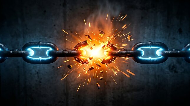 Broken metal chain links exploding with bright orange sparks and electric blue glow against a dark concrete wall texture in industrial setting