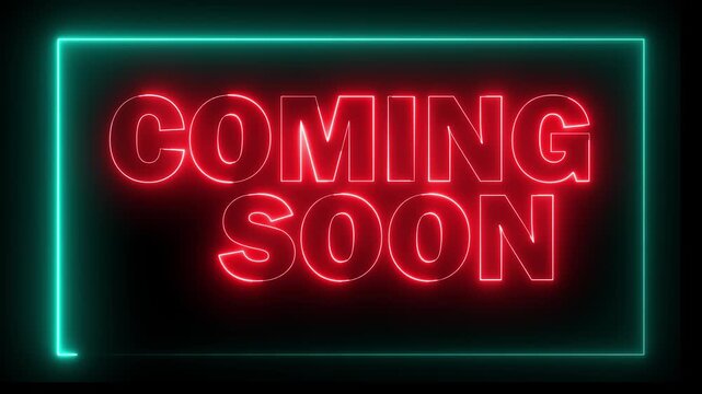 Neon COMING SOON text icon animation glowing red and cyan color business poster template signboard alphabet font letter word banner sign seamless light effect footage on black background