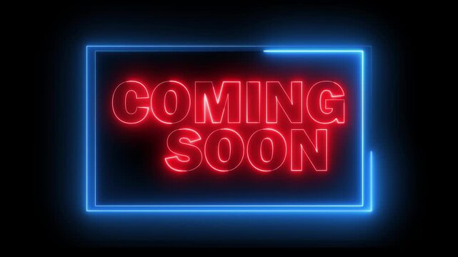 Neon COMING SOON text icon animation glowing red and blue color business poster template signboard alphabet font letter word banner sign seamless light effect footage on black background