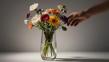 Fototapeta premium Hand gently places flower in clear glass vase. Soft light highlights delicate petals and stems. Vase holds mixed blooms in warm, natural tones. Scene conveys calm, gentle care for nature