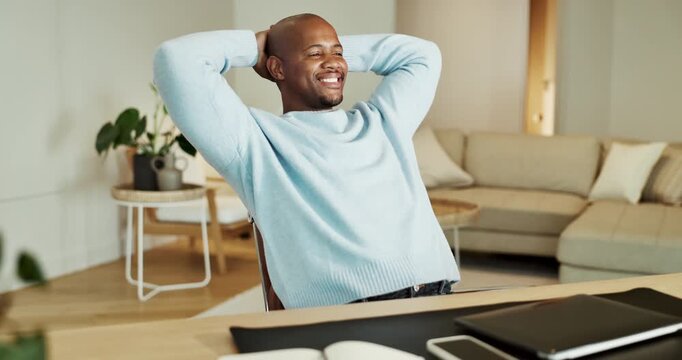 Relax, happy and black man in home with finished project for remote work with coding career. Smile, calm and African male software engineer with completed task in website development at apartment.