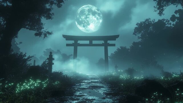 蛍が漂う夜の廃神社　霧が流れるホラー朗読向けのループ動画素材