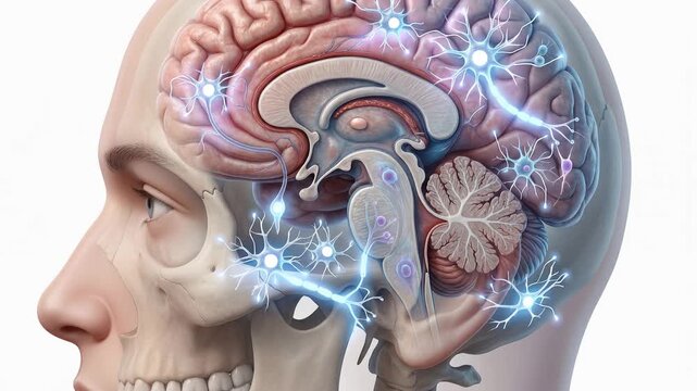 Anatomy mockup showcasing detailed brain structures and microscopic cells, advanced medical science, neuroscience research and healthcare education concept, 4K video