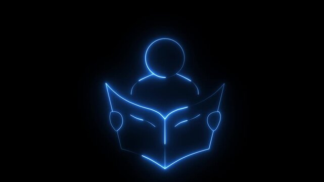 Glowing neon person reading book icon isolated on black background. futuristic education, learning, knowledge, and study concept. 4k video Motion graphic.