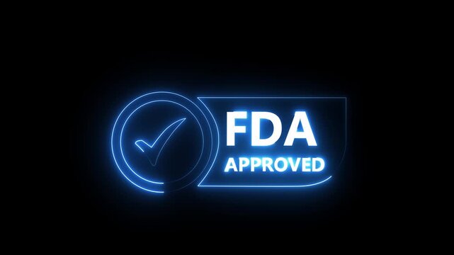 Glowing neon FDA Approved icon Food and Drug Administration label. FDA Approved cyan Check Mark icon. FDA Approval icon and Medical Research, Healthcare Regulation and Pharmaceutical Process...