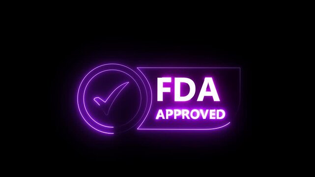 Glowing neon FDA Approved icon Food and Drug Administration label. FDA Approved cyan Check Mark icon. FDA Approval icon and Medical Research, Healthcare Regulation and Pharmaceutical Process...