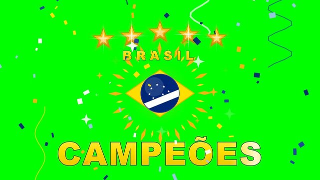4K green screen Brazil football celebration with yellow rhombus and blue globe emblem, five stars and CAMPEOES wordmark, canarinho confetti, chroma key sports overlay loop