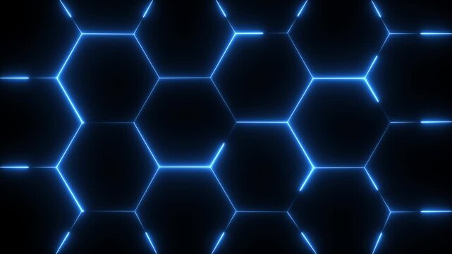 Animated background with turbulent hexagon tiles and background light, abstract wallpaper. Abstract Colorful Glowing Neon Electric hexagon animation motion graphic,