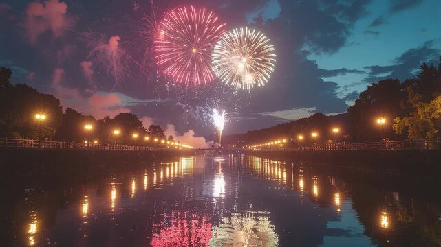 夜空に咲く打ち上げ花火と川面のゆらめき　夏祭りのループ動画素材