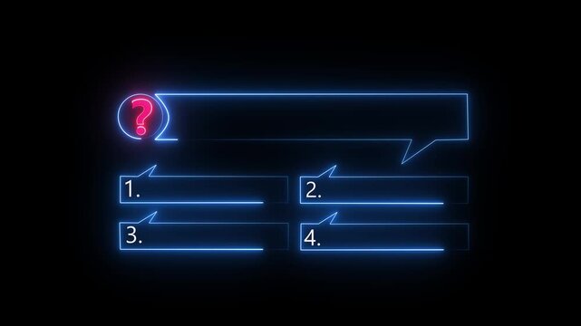 Quiz Neon Line Animation with option selection on black background ,Quiz template challenge with option selection, quiz game animation, Animated quiz question on 4K Animation .
