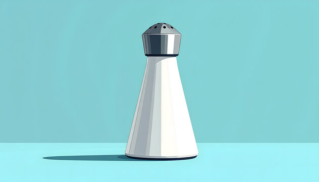 Salt shaker illustration featuring a white conical body with a grey metallic top and five black dots on pastel blue generative AI