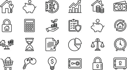 Personal finance investment and real estate line art icon set vector with mortgage savings property insurance isolated on white background © MSTSULTANA