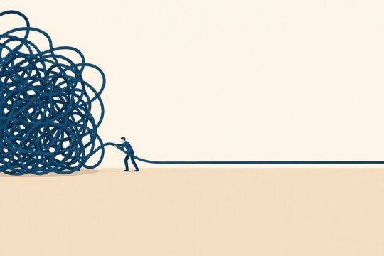 Businessman untangling complex problem knot illustration