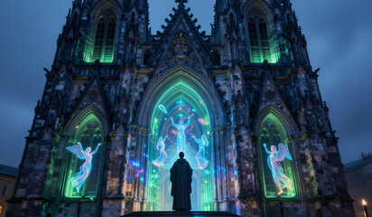 Obraz premium Glowing lights paint the cathedral's ancient stone facade. Angels float above the grand archway, bathed in radiant hues. Solitary figure stands before the spectacle, silent and awe-struck
