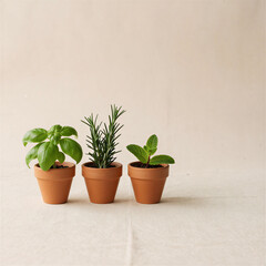 Obraz premium Three Mini Terracotta Pots with Fresh Basil, Rosemary and Mint on Linen Surface — Kitchen Herb Garden Organic Lifestyle Editorial