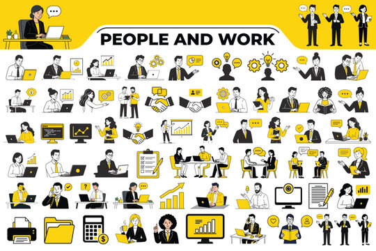 People and work. 60 Vector illustrations of people in various business activities. Concepts for graphic and web design, social media, UI/UX icon, business presentation and marketing material. 