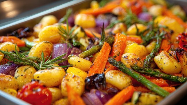 Roasted gnocchi and colorful vegetables on a baking sheet, traybake with cherry tomatoes, zucchini, bell peppers and fresh basil leaves, healthy vegetarian dinner concept.