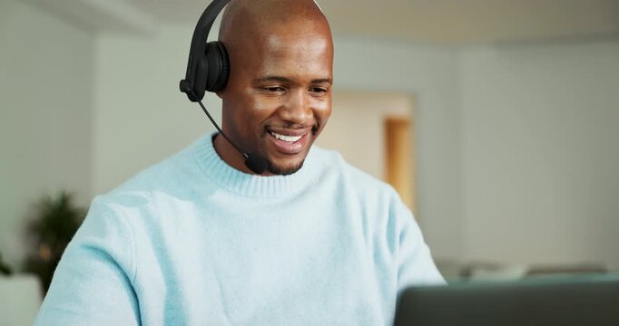 Headset, laptop and black man in home for call center, communication or help desk with remote work. Freelancer, mic and male technical support consultant with contact us or customer service in house.