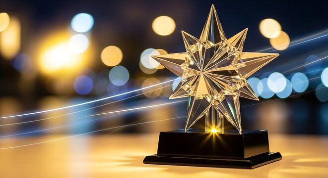 Faceted crystal star trophy on a black base with light streaks and golden bokeh background, representing excellence and, corporate success